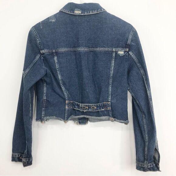 Free People Blue Cotton Denim Factory Distressed Button Crop Jacket - Picture 8 of 16